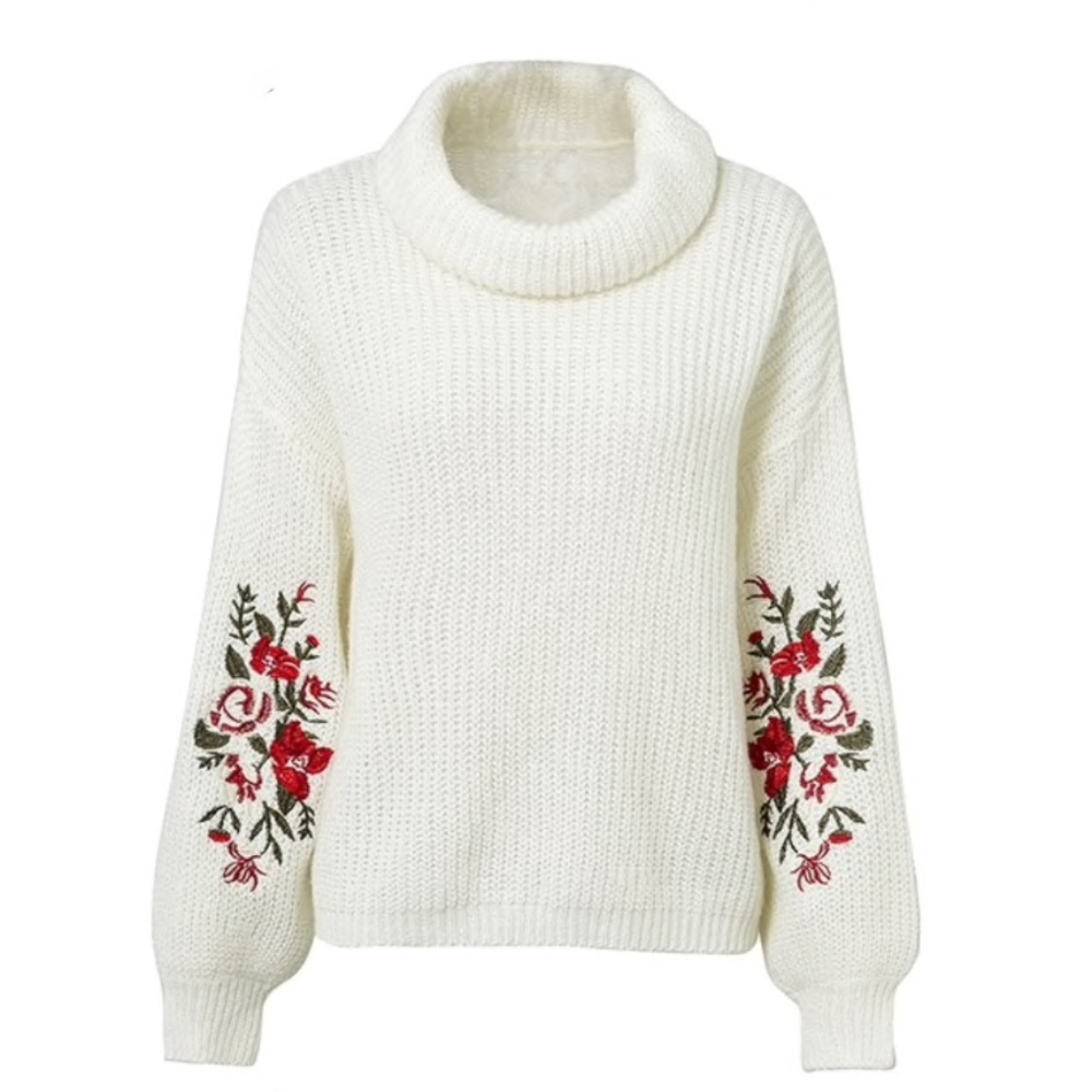Cowl Neck White Embroidered Oversized Sweater - Picture 7 of 8